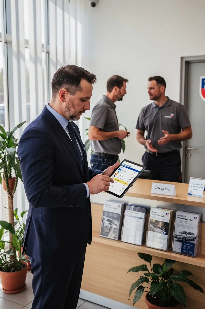 Servisný technik mení olej v motore firemného vozidla podľa plánu údržby
