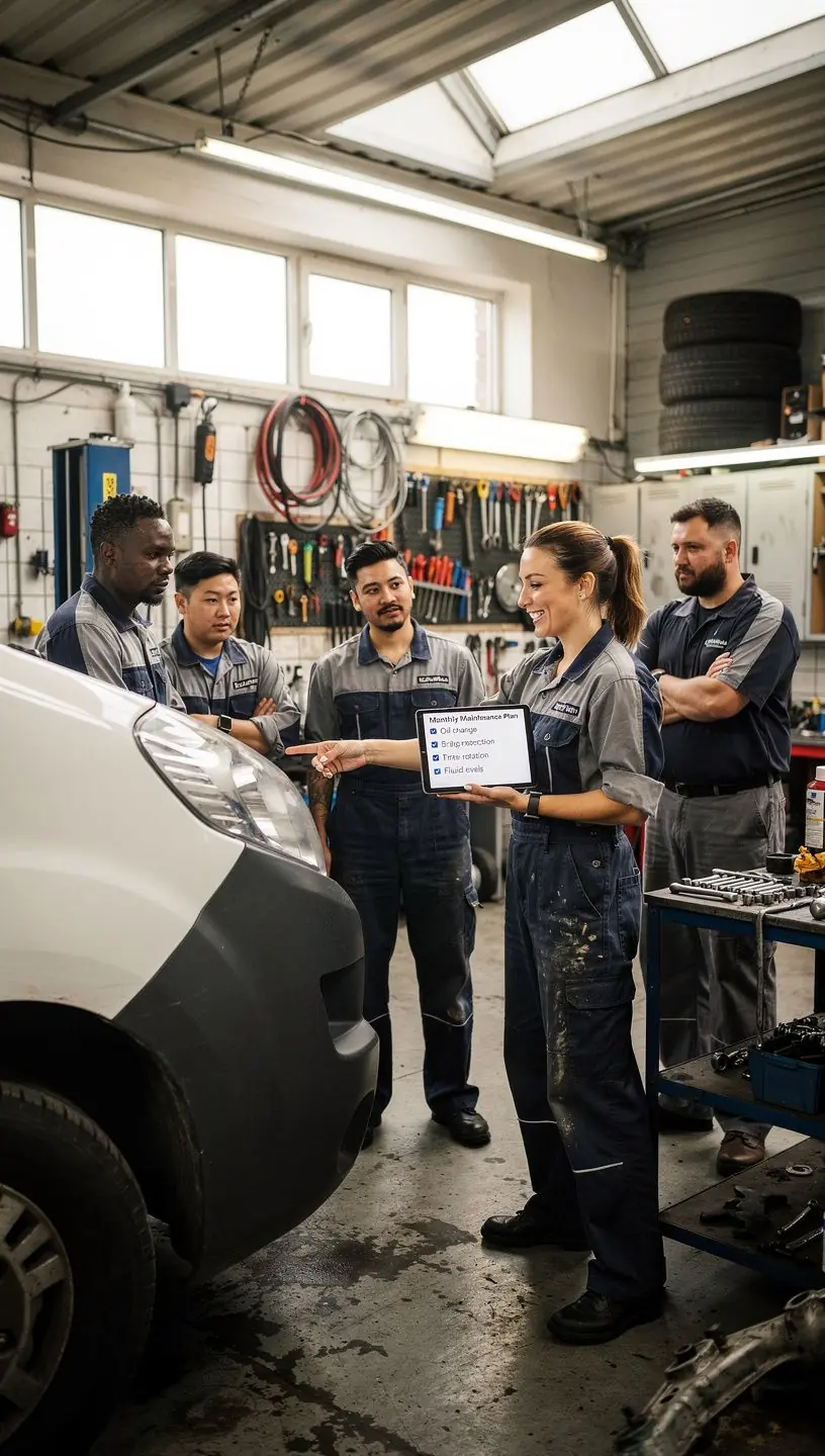 Interiér autoservisu so servisnými nástrojmi pripravenými na opravu dodávky